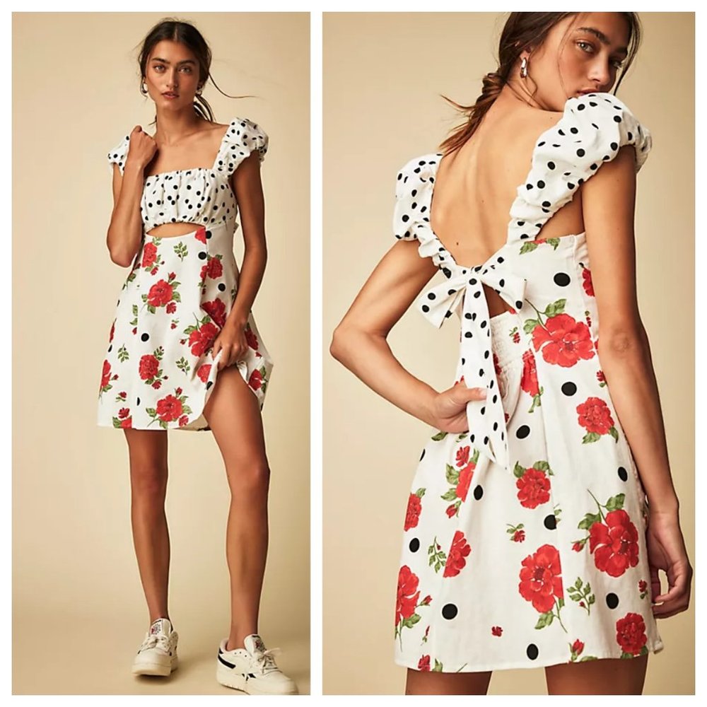 Free People Printed Bom Bom Cotton/linen Cut-out Mini Dress